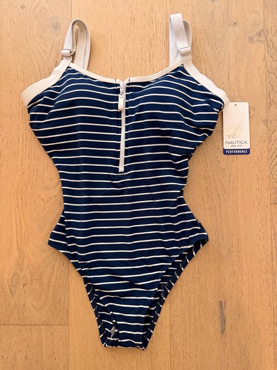 Nautica Other - Nautica Navy and White Striped One-Piece Swimsuit with Front Zip